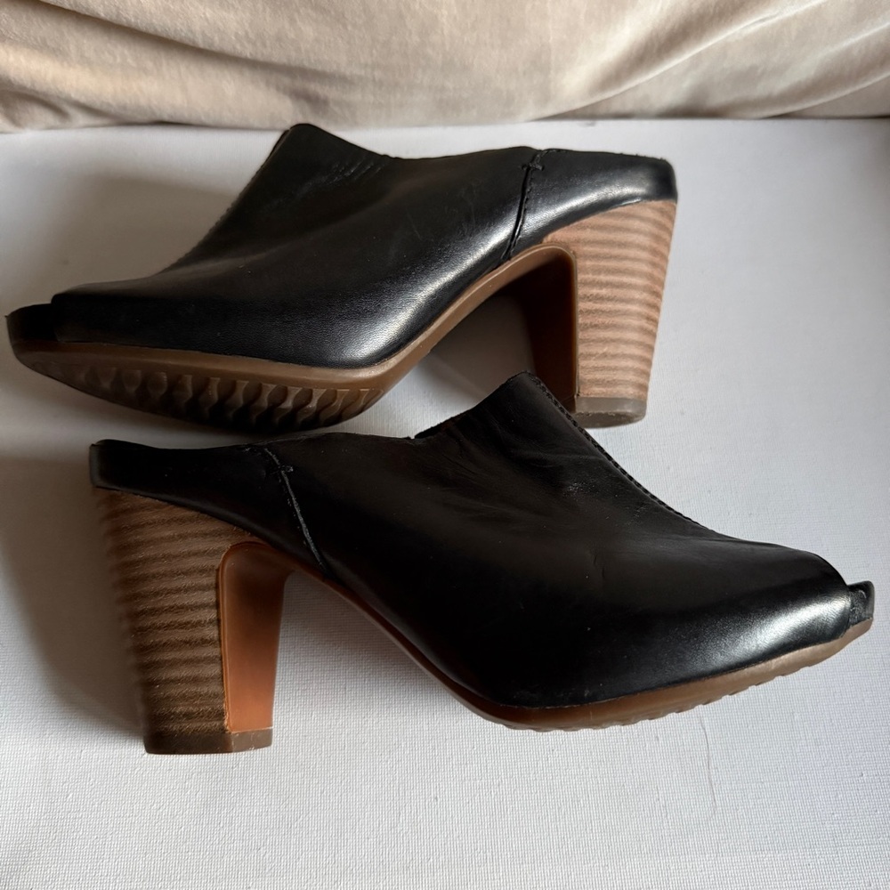 Clarks Black Leather Open-Toe Clog Mules Women Size 7.5 - Picture 5 of 11